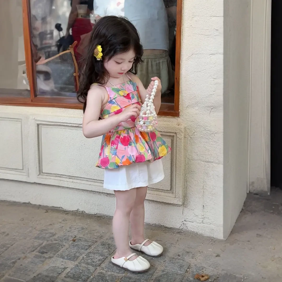 女童夏季新款韩版无袖碎花印花吊带公主花苞裙网红薄款出游穿搭