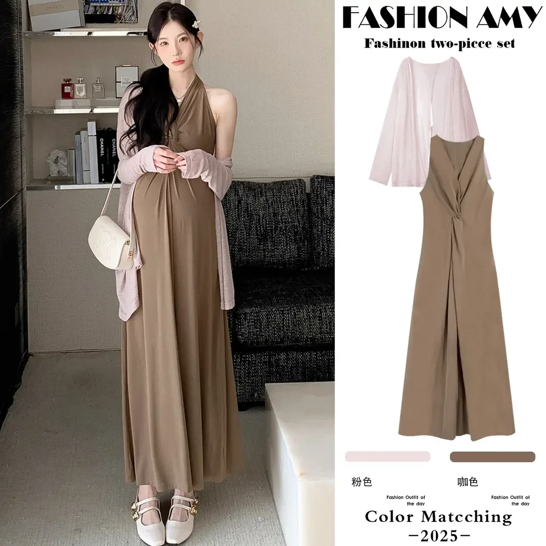 孕妇套装夏装新款时尚韩版气质薄款防晒开衫显瘦扭结无袖背心裙子