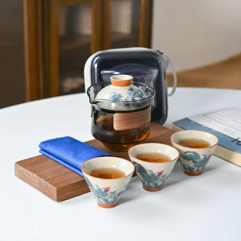 哥窑开片旅行茶具套装便携式户外一壶三杯泡茶壶中式快客杯H327