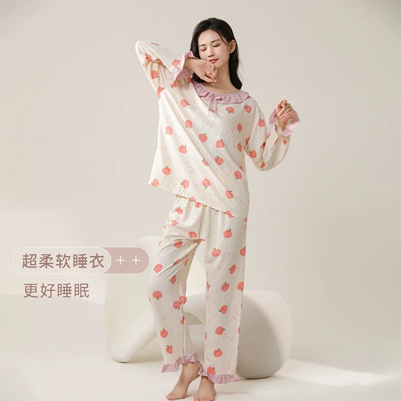 紫色花语女士柔软舒适圆领套头甜美可爱家居服睡衣套装S3CD1588