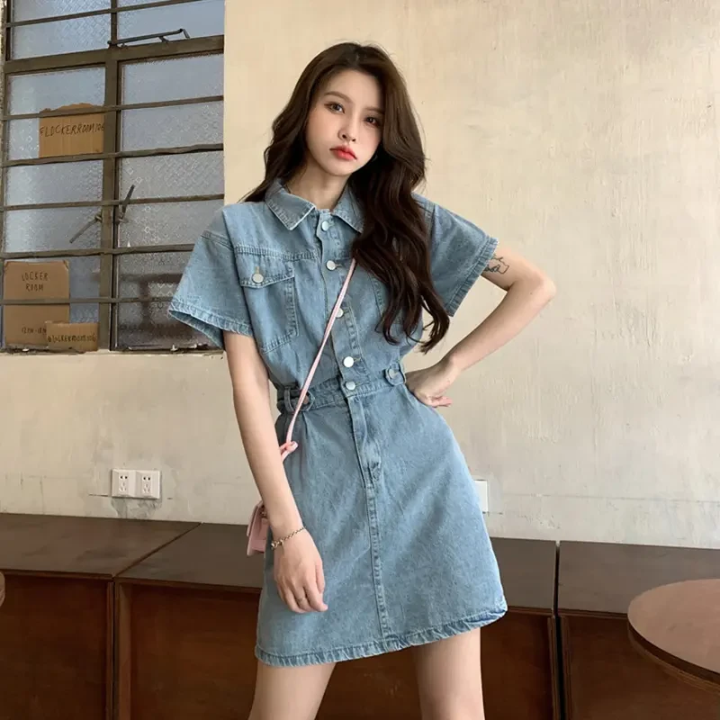 新款夏季港风浅蓝色牛仔裙韩版时尚收腰气质显瘦短袖牛仔连衣裙女