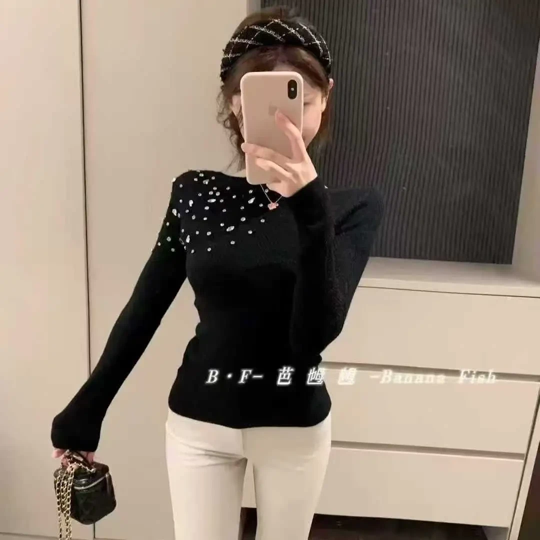 韩系温柔风钉钻拼接圆领针织打底衫女秋冬宽松显瘦内搭