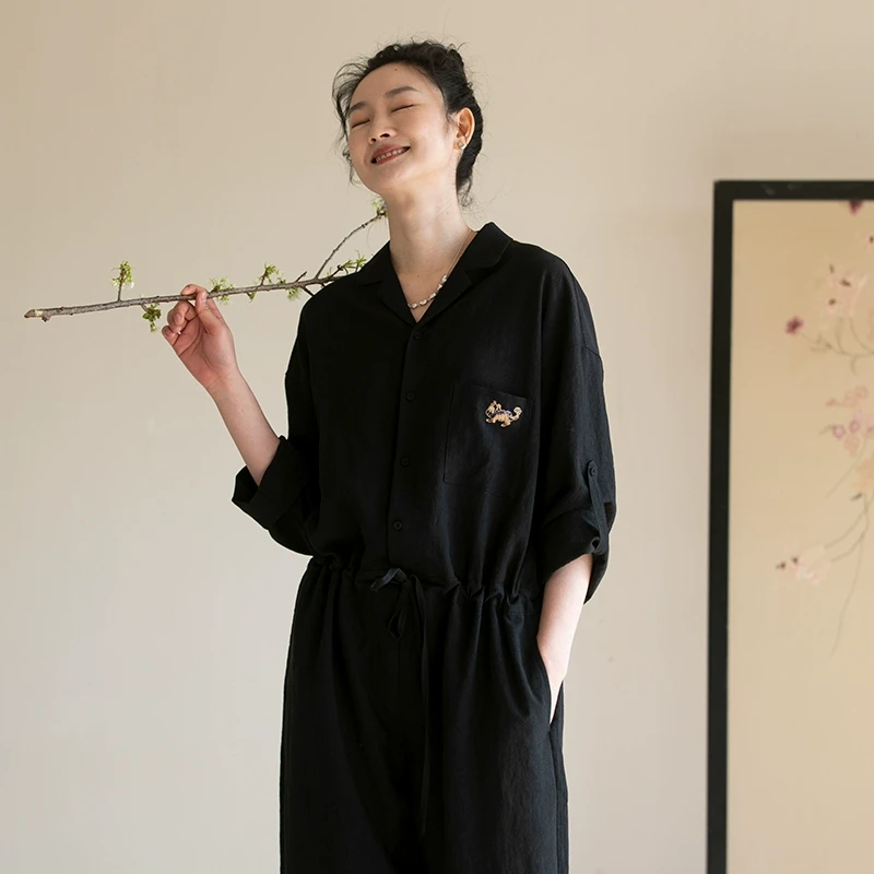 牧衣游原创【商场同款】刺绣麻料素色连体裤新款显瘦休闲裤 半冬雨