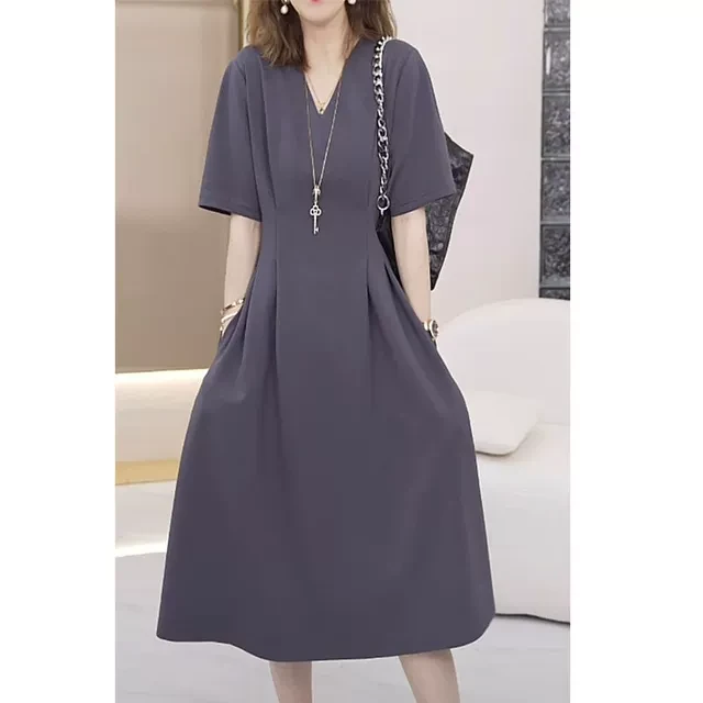 欧货夏款别致设计掐腰小个子气质连衣裙胖mm显瘦大码过膝休闲裙子