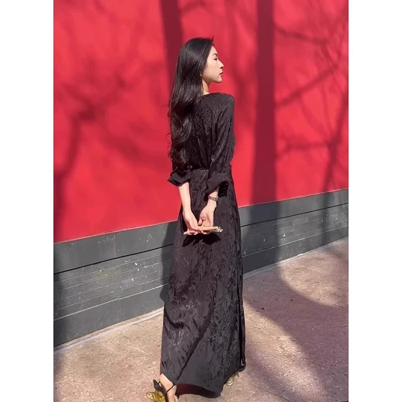 春季国风新中式改良旗袍气质长袖黑色连衣裙子2025新款女古风长裙