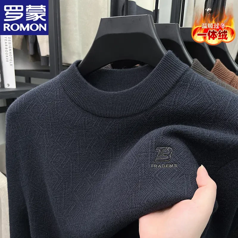 【一体绒】罗蒙男士秋冬季加厚保暖圆领针织衫毛衣休闲柔软打底衫男