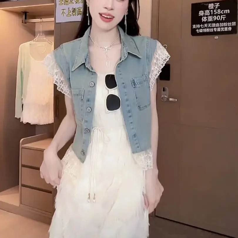 2025夏季爆款小众气质洋气名媛吊带裙通勤时尚拼接牛仔马甲8-51#