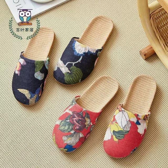 新款绣花亚麻男女包头夏季家用吸汗拖鞋居家室内情侣四季地板防滑