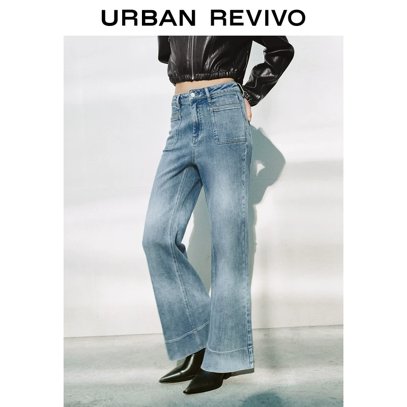 UR2025秋季新款女装复古休闲水洗高腰微喇牛仔长裤UWM850032