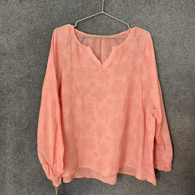 复古苎麻内里包边V领套头长袖衬衫女文艺宽松百搭显瘦上衣