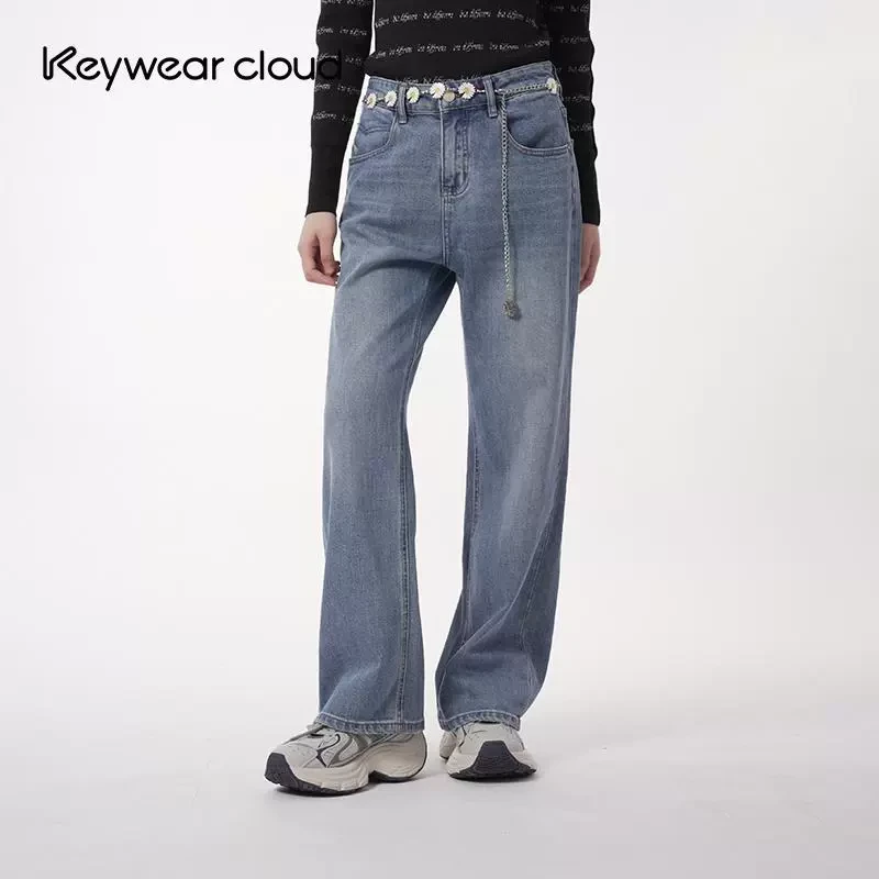 Keywearcloud奇威时尚早春九分简约软直筒牛仔裤