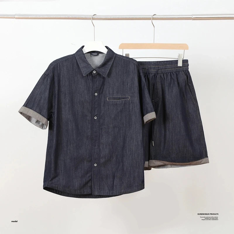 夏季潮流莱赛天丝牛仔休闲套装男薄款休闲百搭短袖衬衫短裤两件套