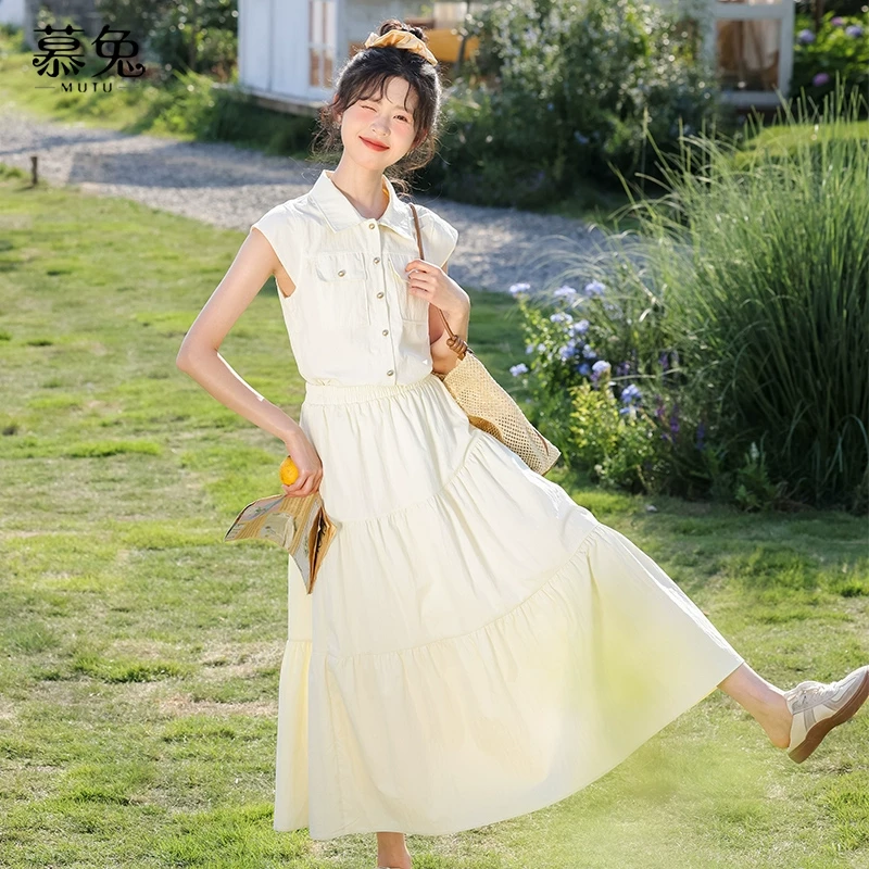 慕兔休闲套装裙女夏季2024新款工装抽绳短款衬衫高腰半身裙两件套