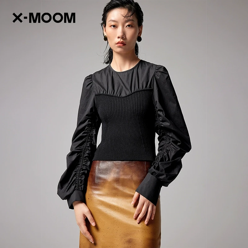 X--MOOM秋季女士新款针织拼接泡泡袖衬衫假两件上衣ZVCEC18063