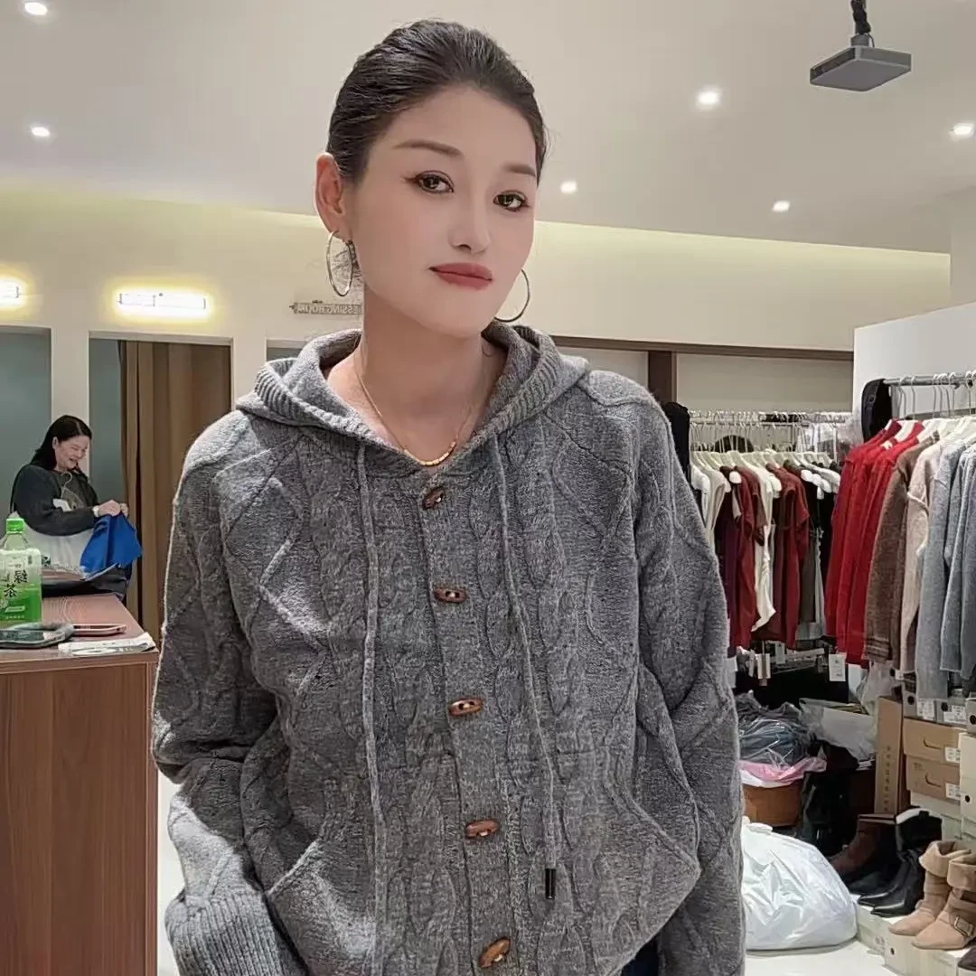 通勤常规宽松厚款帽衫长袖女装秋季毛针织衫带帽女