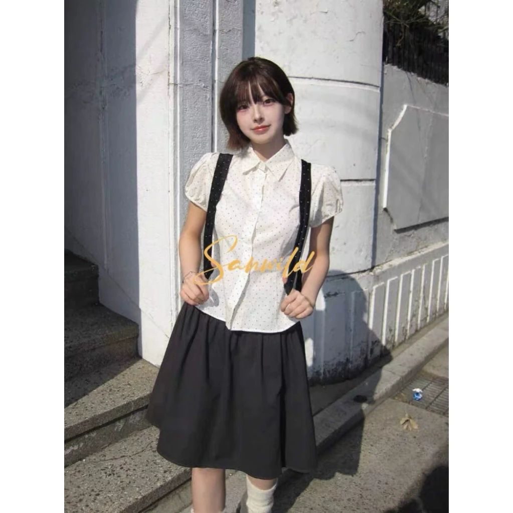 【YOUNG】夏季甜美日漫少女木耳花边翻领显瘦波点百搭短袖衬衫上衣