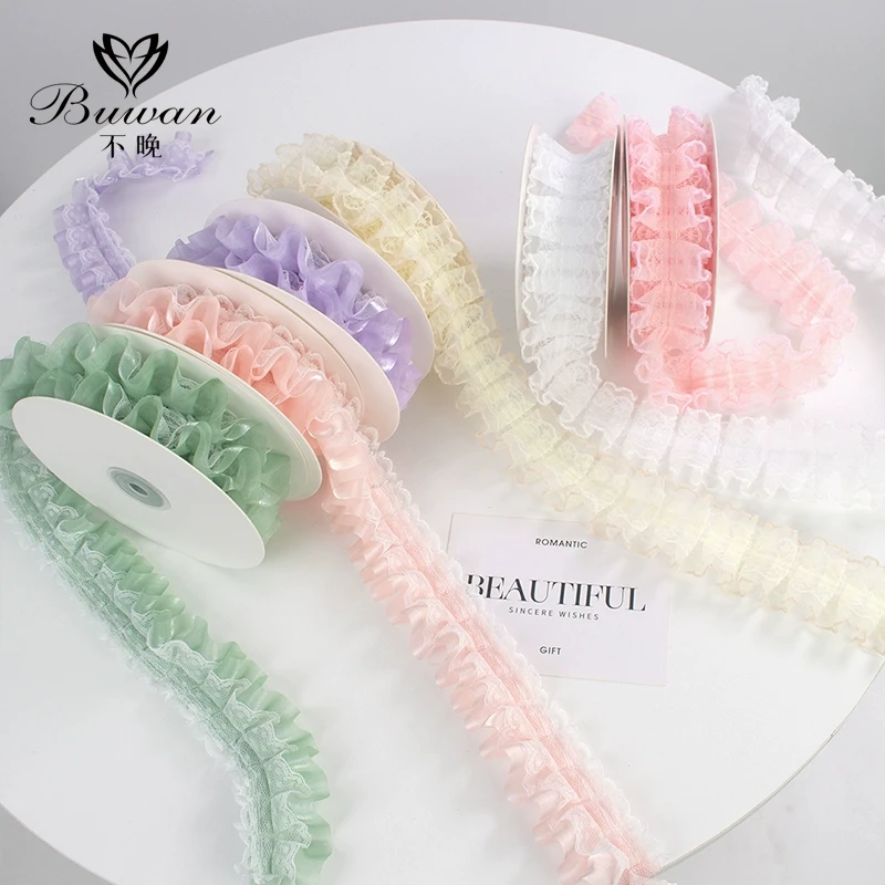 芭蕾风花束包装材料欧根纱褶皱花边波浪纱包花珍珠裙边泡芙围边纱