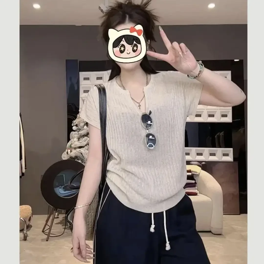 老钱风夏季薄款v领短袖针织衫女2025新款慵老钱风V领针织套头衫