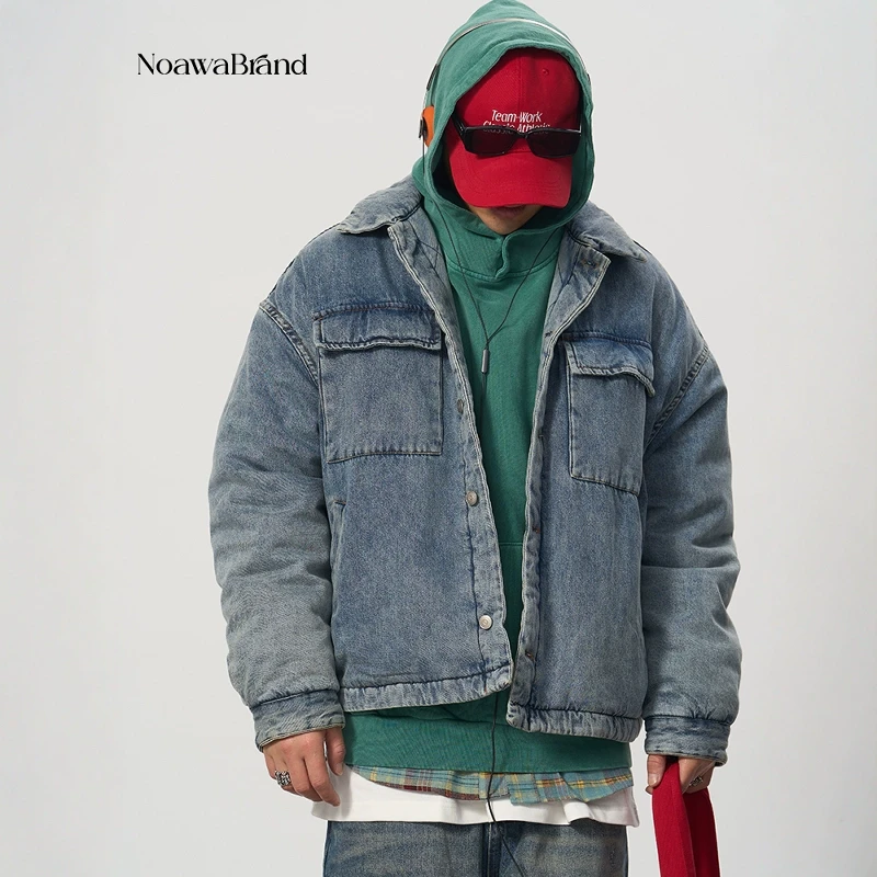 Noawa日系 Cleanfit做旧渐变水洗短款多袋宽松牛仔棉衣男女