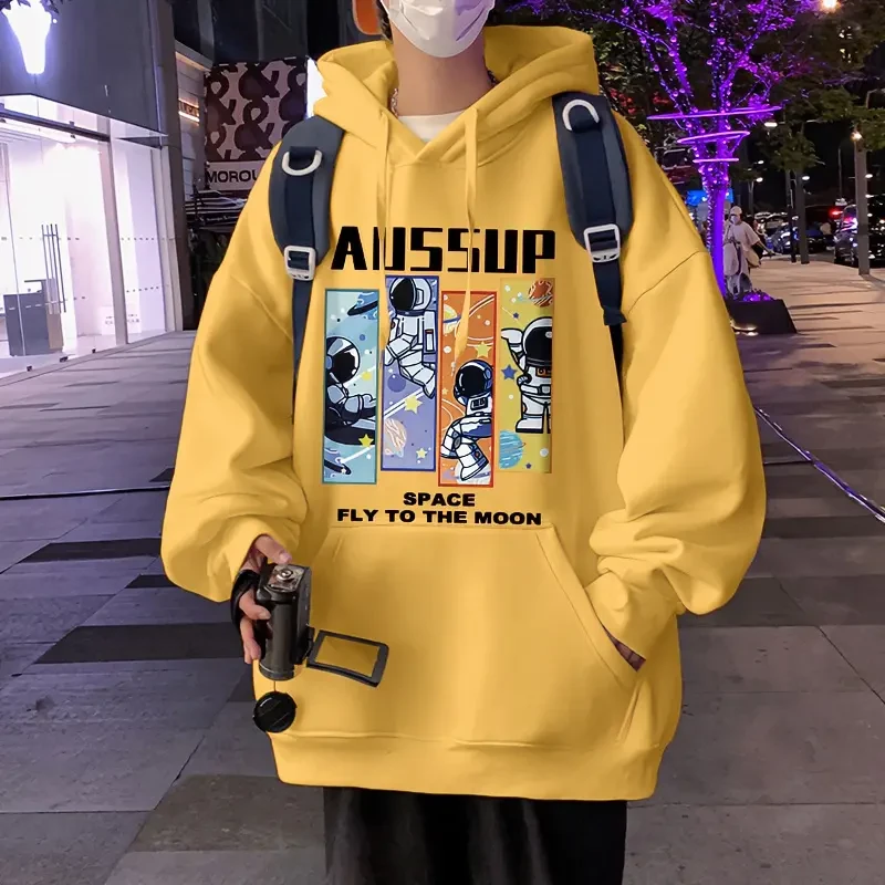新款宇航员印花连帽卫衣男秋冬季重磅加绒加厚青潮牌宽松套头帽衫