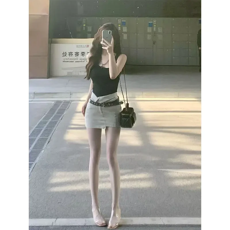 2025夏季辣妹修身显瘦无袖上衣气质时尚高级设计感收腰A字半身裙