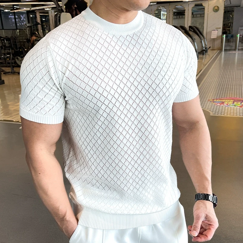 新款 夏季美式复古男士健身短袖纯色春夏潮牌宽松园领T恤针织男