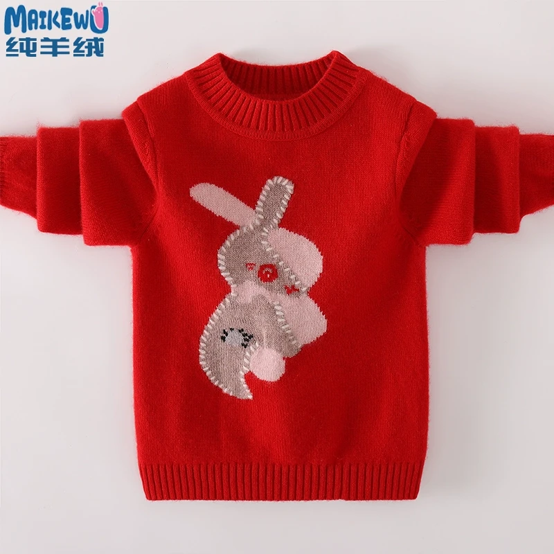 中国红色新款儿童100%纯羊绒衫女童毛衣秋冬加厚宝宝卡通针织打底