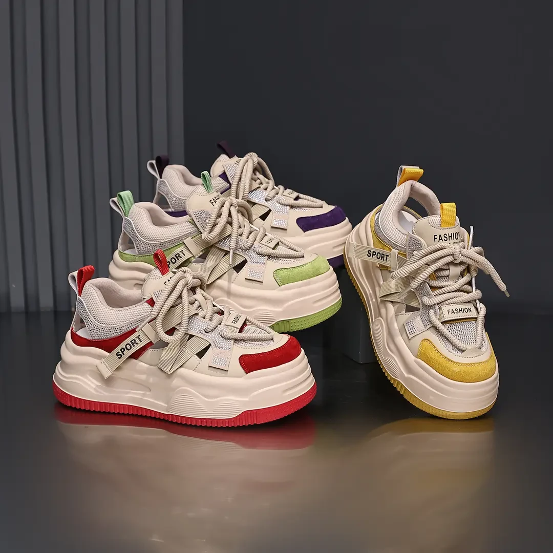 真皮老爹鞋女2025夏季新款女鞋厚底增高运动休闲鞋镂空透气旅游鞋