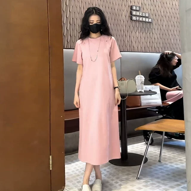 高级感纯棉连衣裙女夏2025新款宽松中长款遮肚气质纯色短袖体恤裙