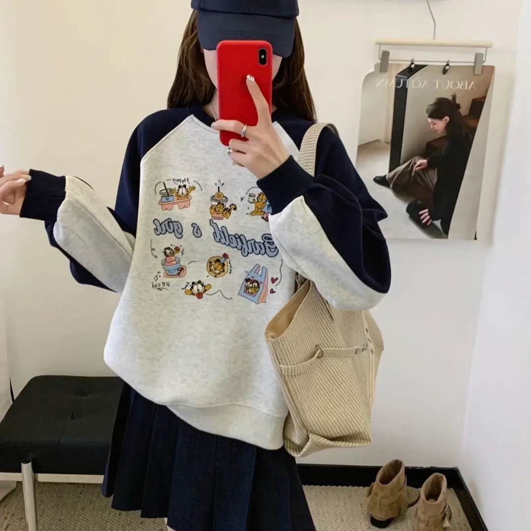 秋季刺绣休闲拼色卡通动漫春季圆领时尚卫衣印花女