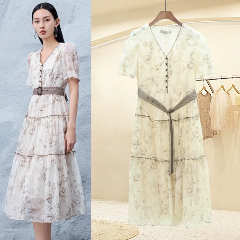 【大梦专属】  修身系带V领雪纺连衣裙品牌撤柜折扣女装Z13