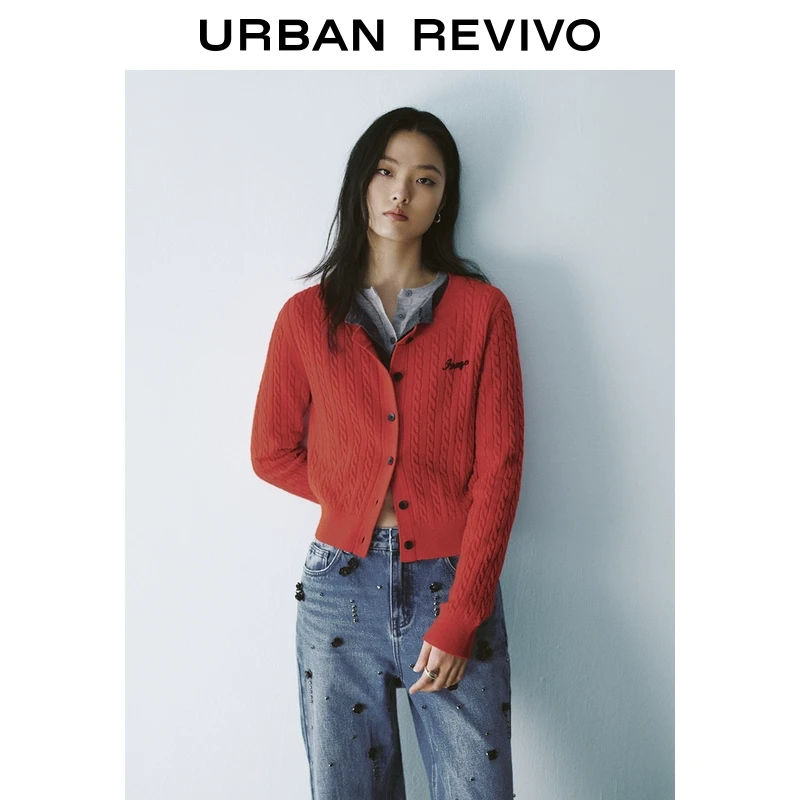 UR2025秋季新款女装红色氛围感绞花肌理感针织开衫UYU950019