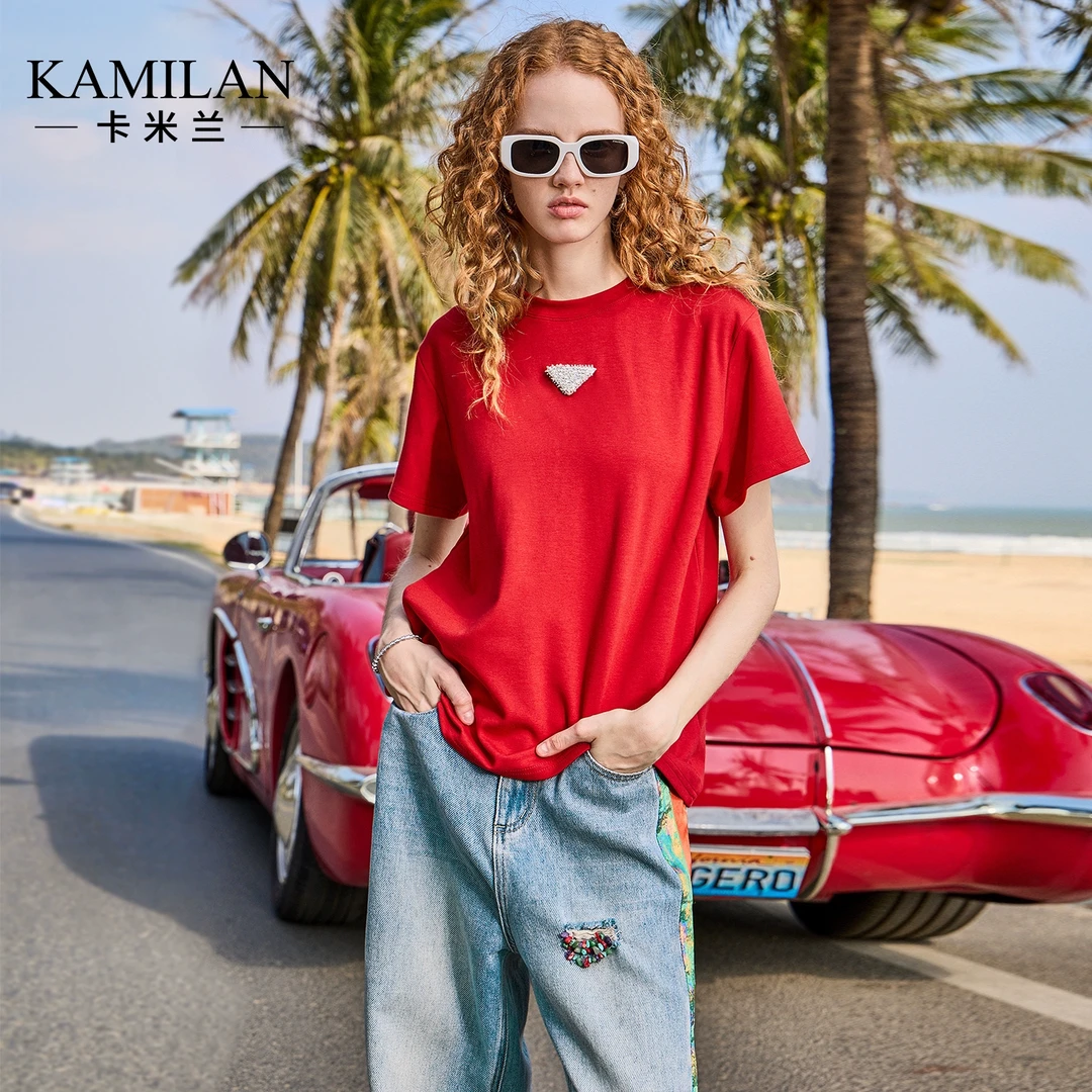 [新年系列]卡米兰洋气短袖T恤女2025年春夏新款时尚百搭红色上衣