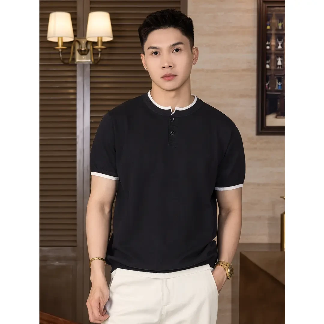亨利领撞色假两件INS夏季新款男士高端百搭男士针织短袖男T恤宽松