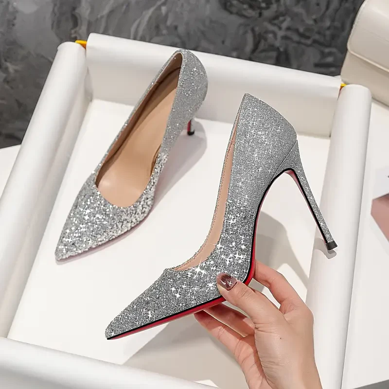 春秋新款御姐风满钻银色高级细跟尖头红底高跟鞋时尚单鞋性感气质