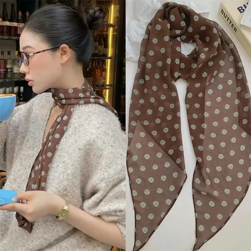 法式复古棕色波点丝巾女春秋薄款百搭小众设计千禧风长条领巾围巾