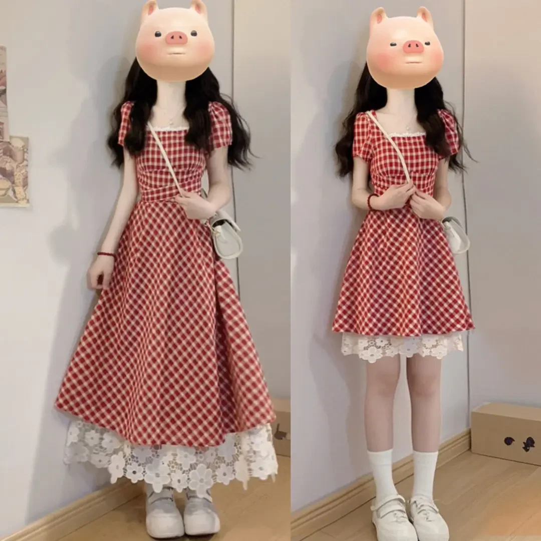 大码胖mm法式红色格纹方领连衣裙女短袖蕾丝拼接假两件裙子200斤