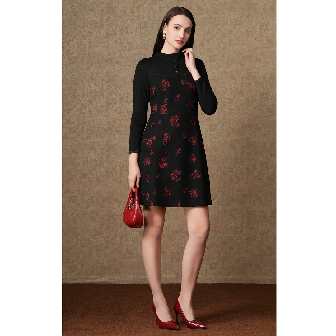 乔万尼商场新款秋冬印花连衣裙气质修身收腰显瘦中长裙ES4E318501