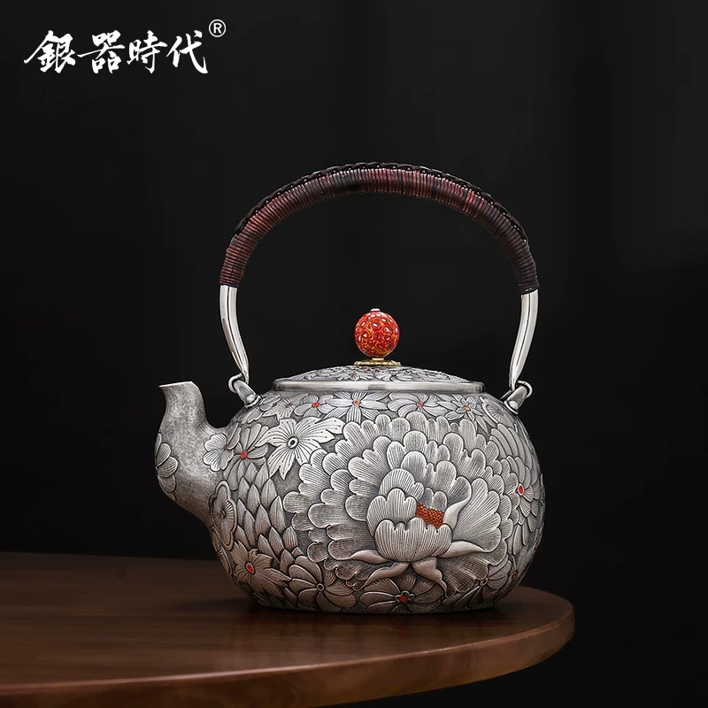 银器时代 银壶足银999烧水壶富贵牡丹煮水壶茶道专用手工錾刻银壶