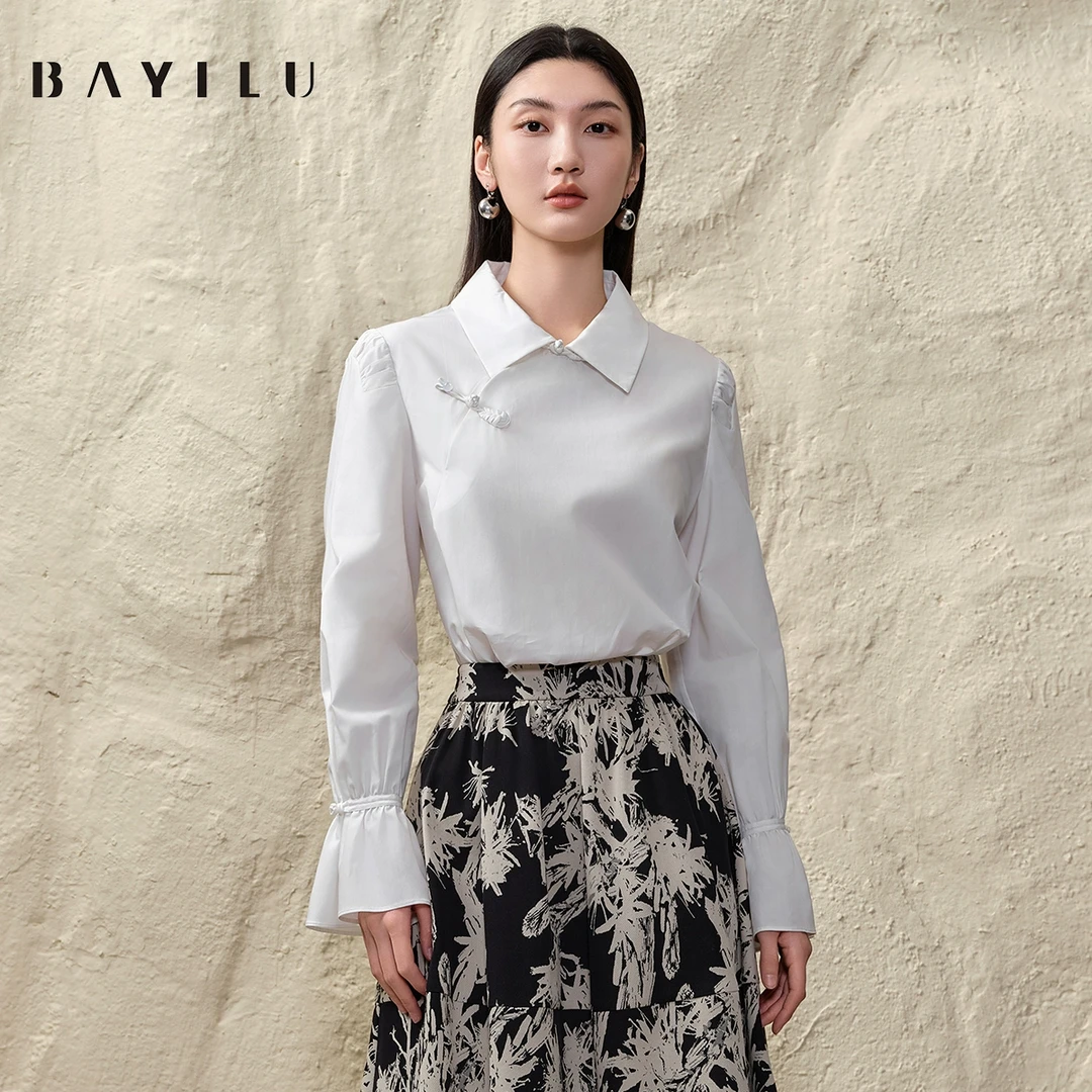 芭依璐2025春季衬衫女新中式国风盘扣长袖衬衣91C1606