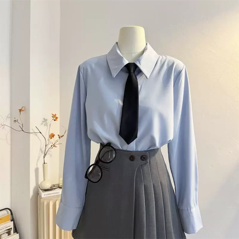 蓝色领带衬衫女2025春季设计感宽松休闲减龄百搭通勤衬衣长袖上衣