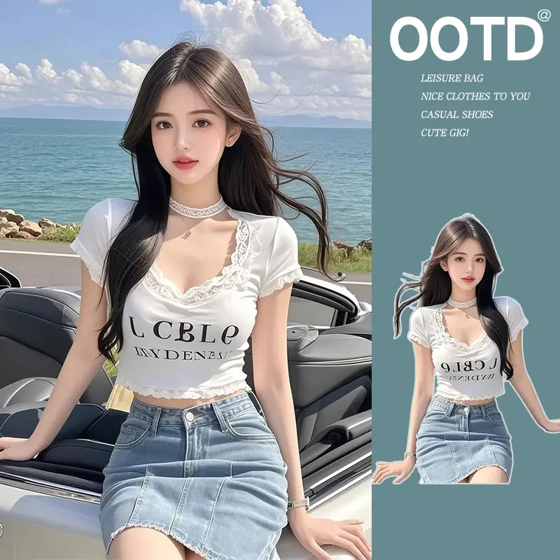 春夏别致甜辣妹性感蕾丝拼接印花短袖T恤女设计感高腰v领短款上衣