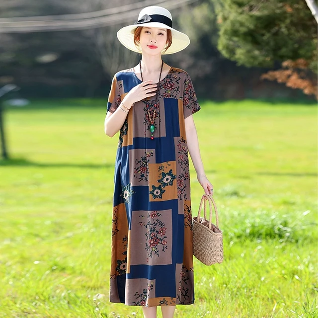 夏季中老年棉绸连衣裙女中长款大码宽松50-60岁妈妈韩版外穿裙子