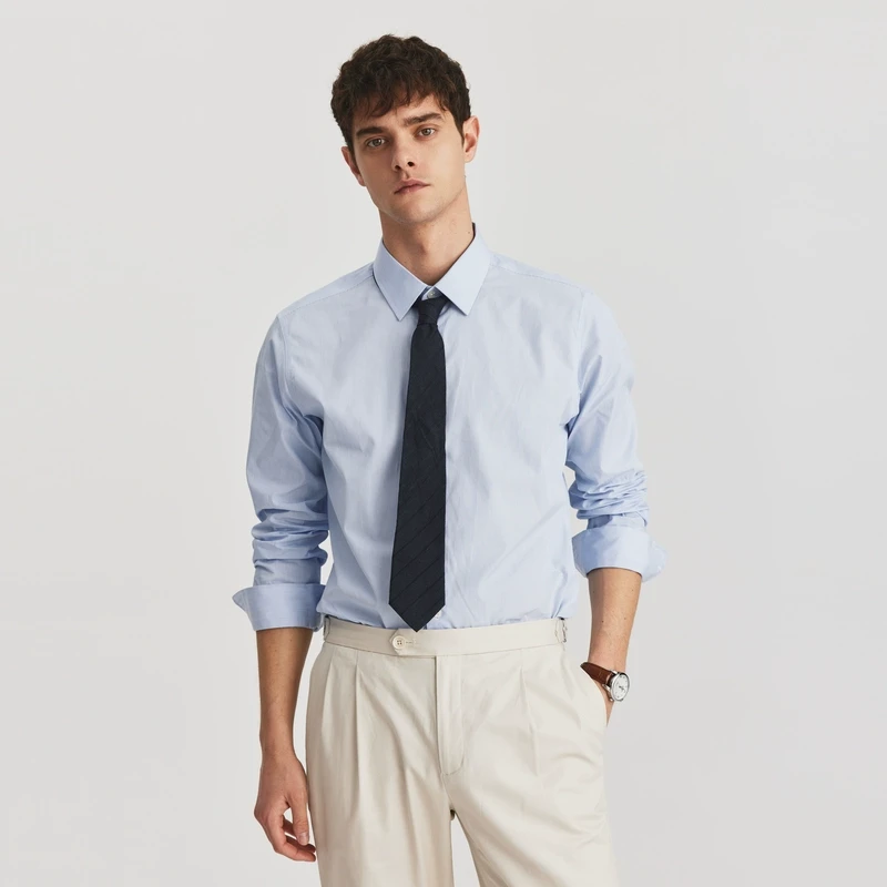 SCOFIELD男士春新品简约100%棉时尚条纹休闲蓝色长袖衬衫尖领上衣