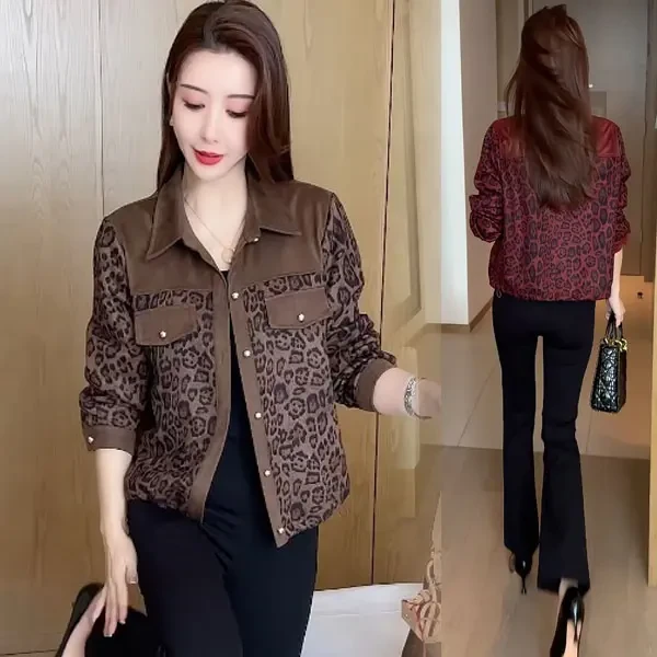 春季季新款豹纹外套女拼接短款夹克上衣中老年妈妈装休闲百搭女装