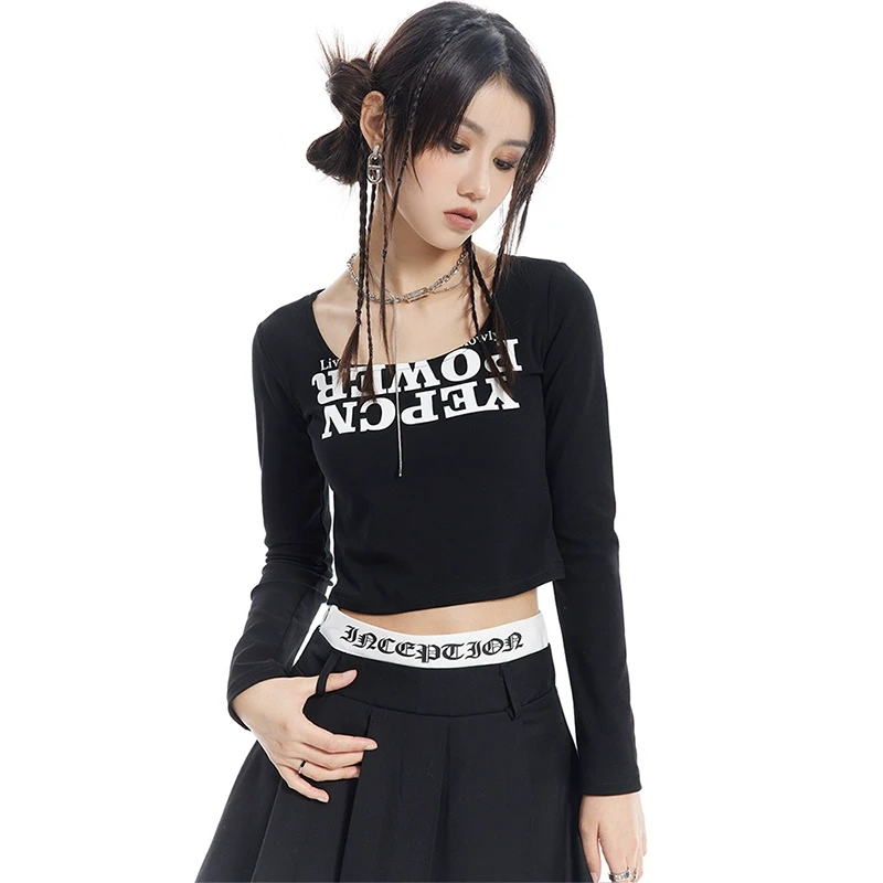 清仓-YEP春秋新款修身长袖字母印花黑色t恤女短款漏腰打底衫上衣