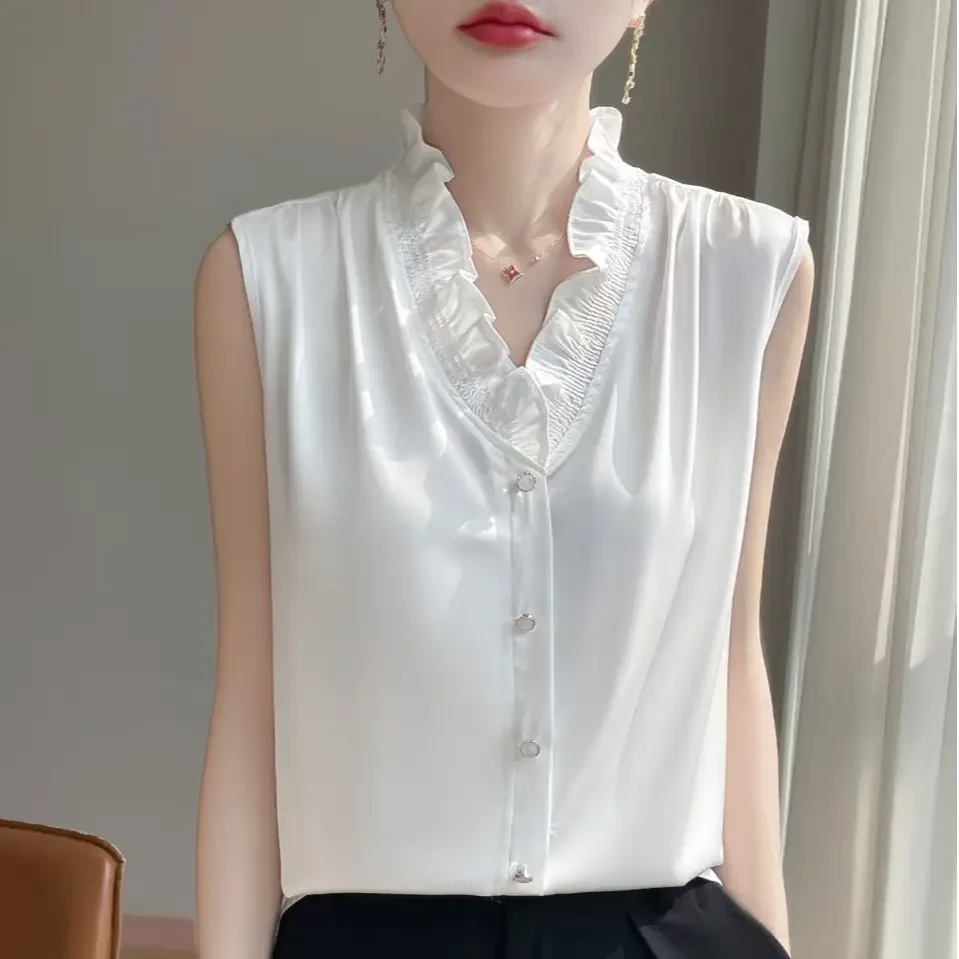2025新款法式V领木耳花边丝滑缎面无袖衬衫气质内搭叠穿背心