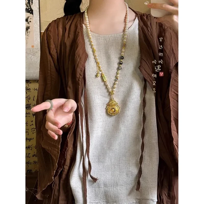 铜合金吊坠 古法镶钻葫芦可转动吊坠项链女新中式国风长款锁骨链