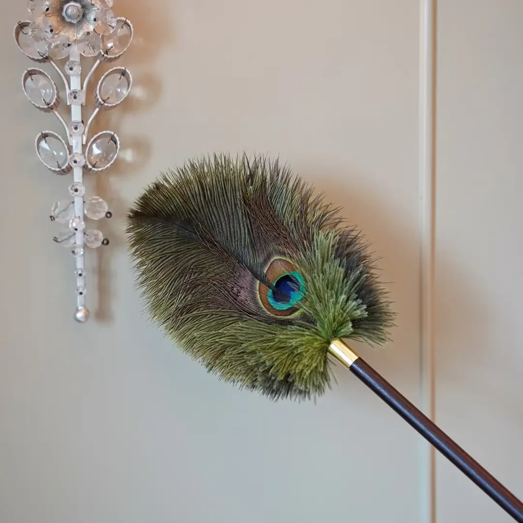 千姑娘【居家好物】孔雀鸵鸟毛防静电胡桃色手柄除尘掸家用高档装饰