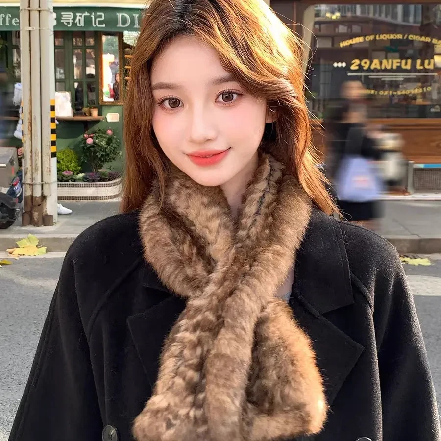 韩版真兔毛编织围巾女秋冬双面加厚保暖围脖高级感百搭皮草毛领子